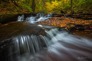 A river cascades over the rocks in the forest with red and yellow leaves on the rocks near the riverbank and yellow leaves still hanging on the trees. 