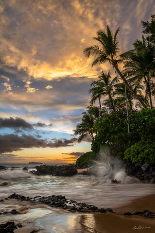 Vertical image of a sandy beach in Maui at sunset with palm trees on the shore and waves splashing in against the rocks.